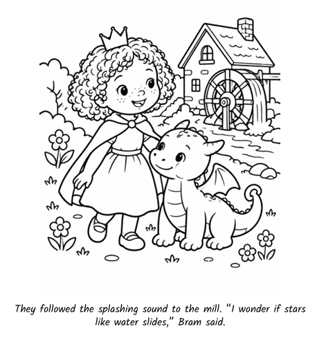 A coloring page from a Little Wonder Press book: a crowned girl and a small dragon beside a water mill, with the story line printed beneath